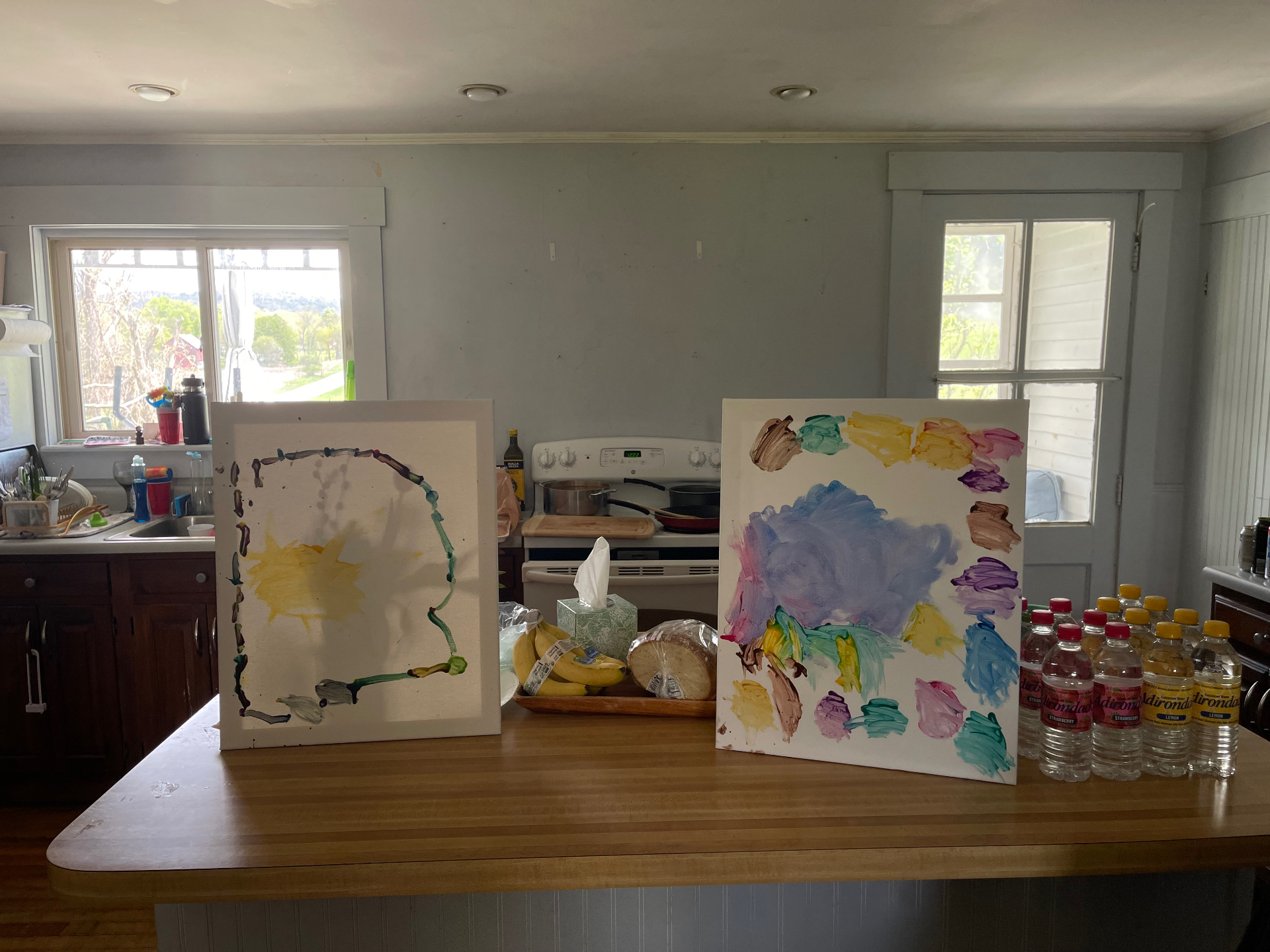 Two paintings on the kitchen counter, late afternoon light
