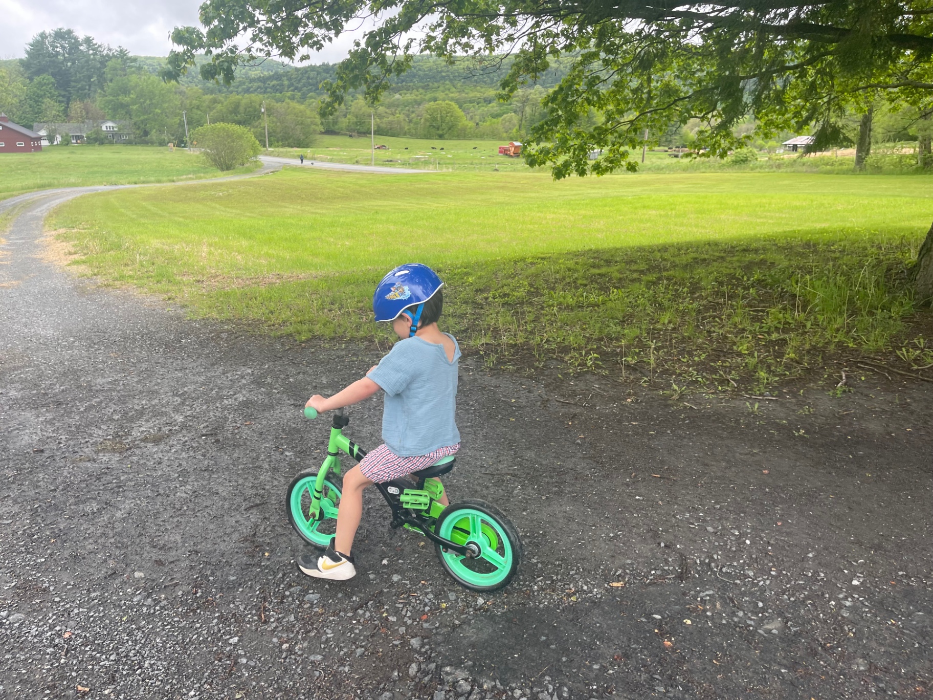 Noah in a blue helmet on his green balance bike on the dirt road, green Vermont field and hills behind him